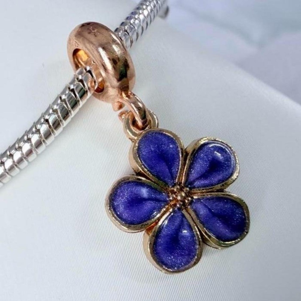 Dangle Purple & Gold Flower Charm‎ Fits European Snake Chain Bracelets